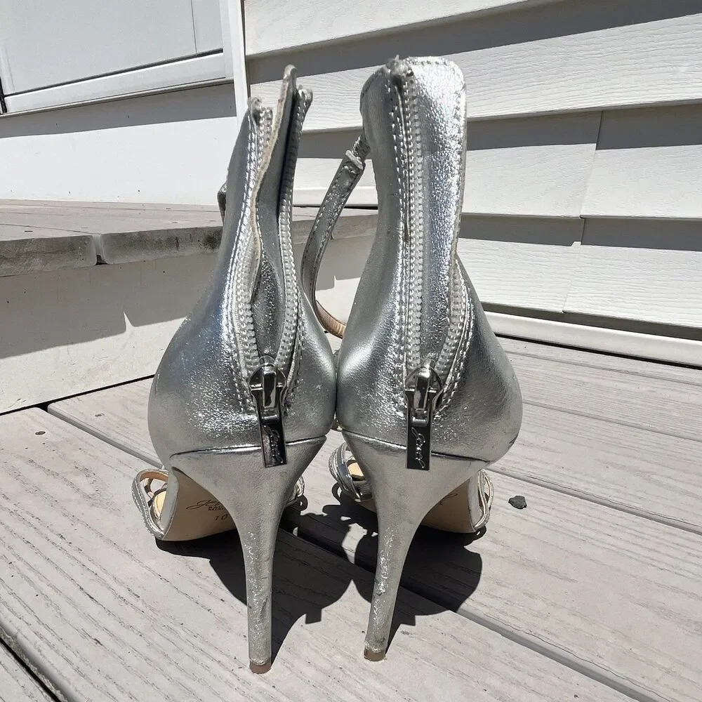 Jewel Badgley Mischka Silver Strappy Crystal Open Toe Stiletto Zip Heel US 10